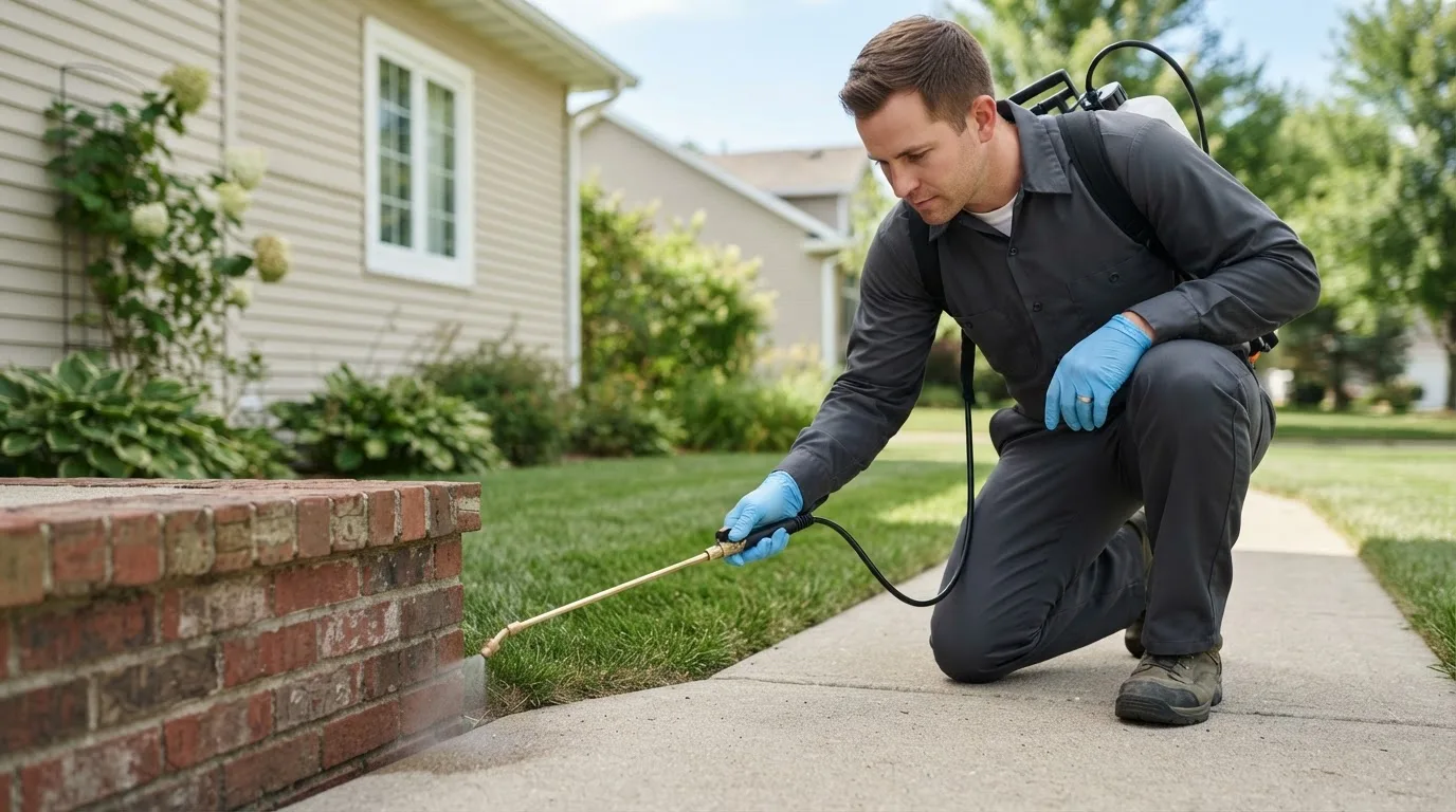 Pest control technician treating a home near Roxbury, KS