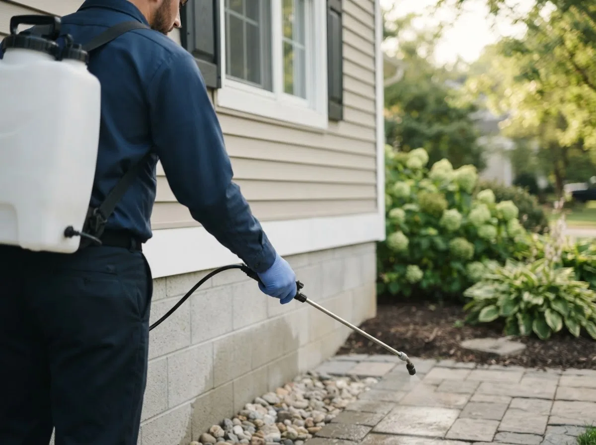 Pest control technician inspecting a home in Roxbury, KS